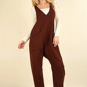 Very J Loose Fit Solid Knit Baggy Jumpsuit-Brick